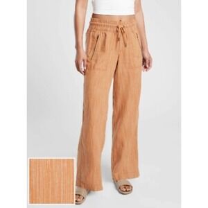 Athleta Cabo Linen Textured Wide‎ Leg Pants Brown Drawstring Pockets Size 0
